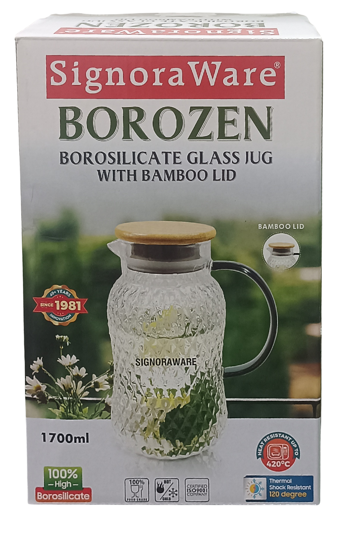 SIGNORAWARE BoroZen Borosilicate Glass Jug with Bamboo Lid | 1700 ML
