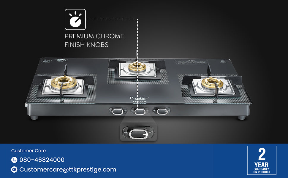 Prestige Vectra 3 Burner Glasstop Gas Stove | Toughened Glass | Jumbo Brass Burner | 3-Way Gas Inlet | 360 Degree Revolving Nozzle