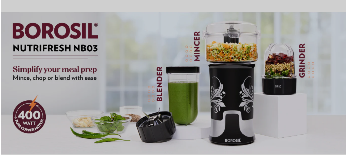 Borosil NutriFresh Portable Mini-Blender & Grinder,For Blending Smoothies & Chutneys, Dry Grinding Spices, Black, 400 W - Premium Nutriblend Blenders from borosil - Just Rs. 2573! Shop now at Surana Sons