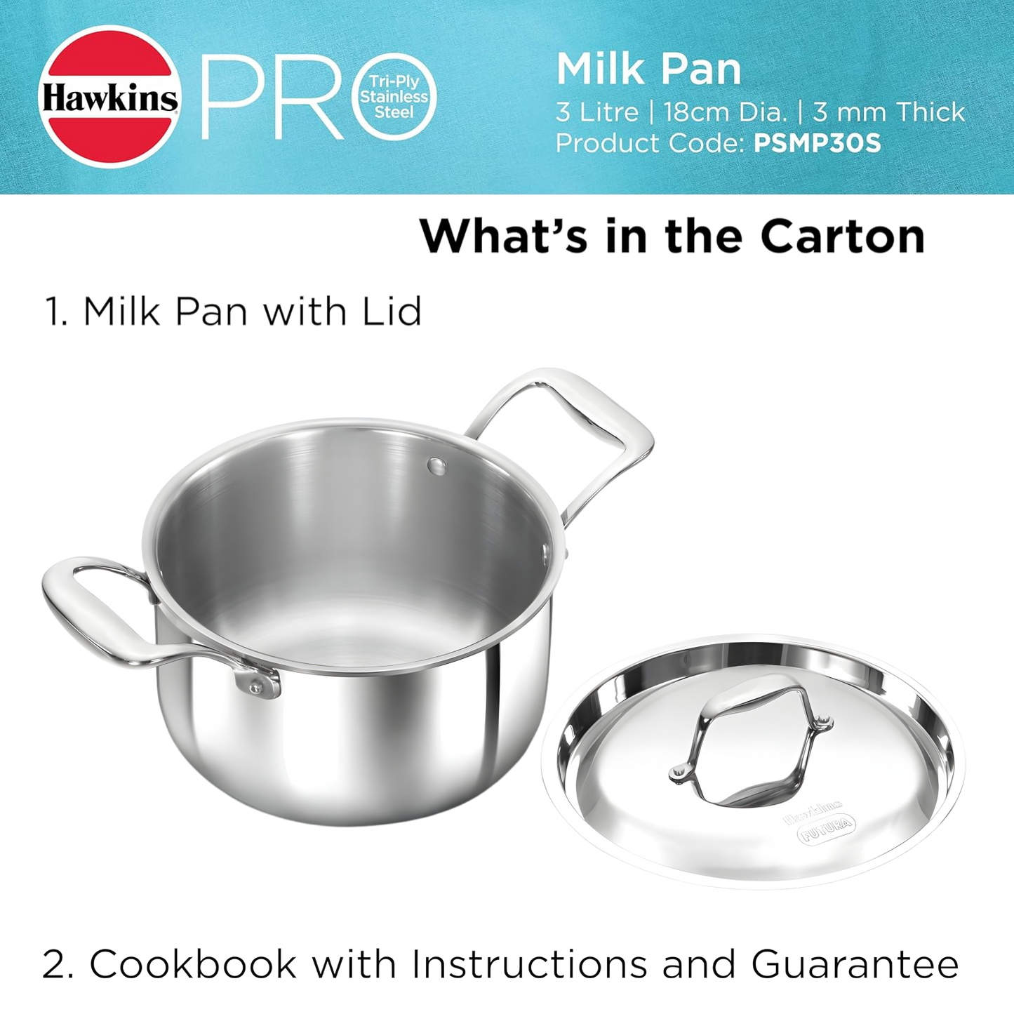 Hawkins 3 Litre Pro TriPly Stainless Steel Milk Pan with Stainless Steel Lid, Milk Pot, Sauce Pan, Silver (PSMP30S)