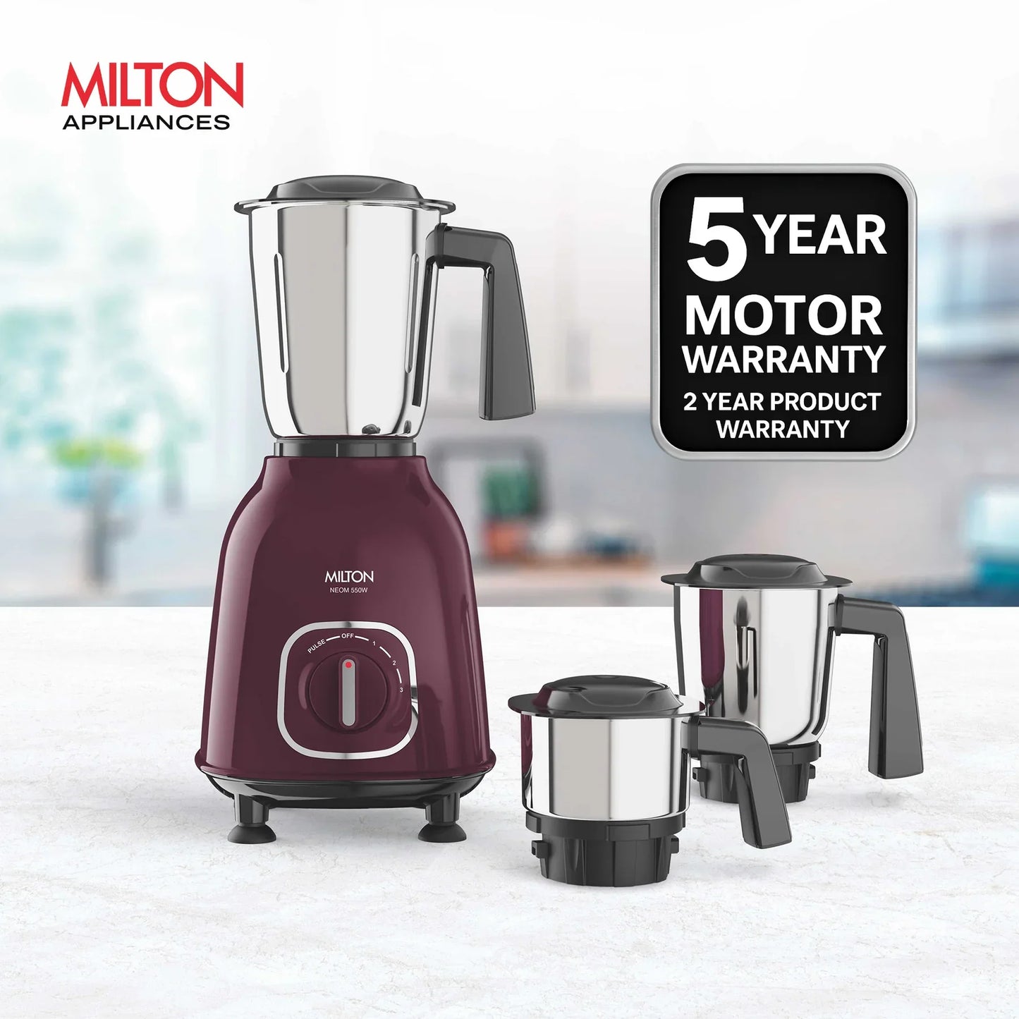 MILTON Neom Mixer Grinder | 550 Watt | 3 Jar