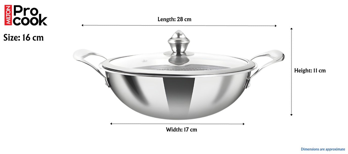 MILTON Pro Cook TriPly Hexa Tech Induction Stainless Steel Kadhai with Glass Lid