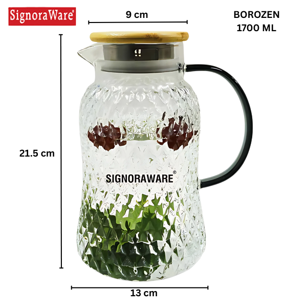 SIGNORAWARE BoroZen Borosilicate Glass Jug with Bamboo Lid |  1700 ML