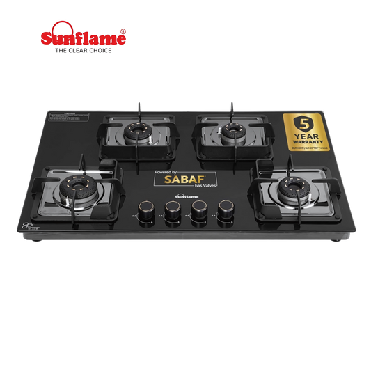 SUNFLAME 4 Burner Ultra-Slim Open Countertop Hob 80 Cm Wide | Italian SABAF Valve | 5-Year Glasstop, Burners & Valve Coverage