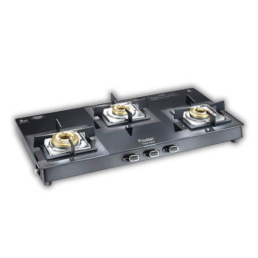 Prestige Vectra 3 Burner Glasstop Gas Stove | Toughened Glass | Jumbo Brass Burner | 3-Way Gas Inlet | 360 Degree Revolving Nozzle