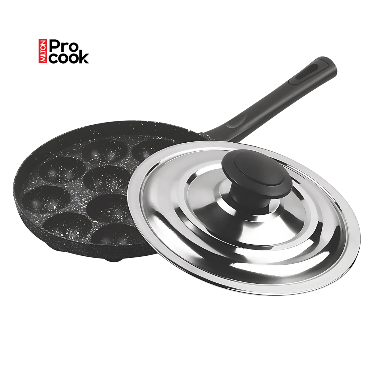 MILTON Pro cook Granito Appam Patra Cookware 12 Cavities, Non-Stick Paniyaram Pan with Stainless Steel Lid, Appe Maker, Black