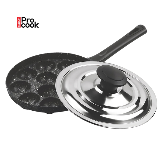 MILTON Pro cook Granito Appam Patra Cookware 12 Cavities, Non-Stick Paniyaram Pan with Stainless Steel Lid, Appe Maker, Black