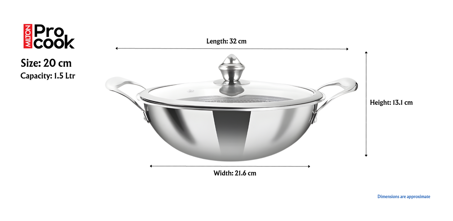 MILTON Pro Cook TriPly Hexa Tech Induction Stainless Steel Kadhai with Glass Lid