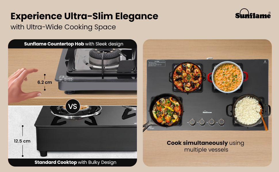 SUNFLAME 4 Burner Ultra-Slim Open Countertop Hob 80 Cm Wide | Italian SABAF Valve | 5-Year Glasstop, Burners & Valve Coverage