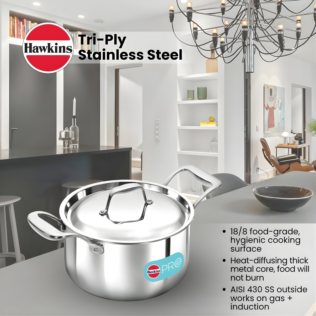 Hawkins 3 Litre Pro TriPly Stainless Steel Milk Pan with Stainless Steel Lid, Milk Pot, Sauce Pan, Silver (PSMP30S)