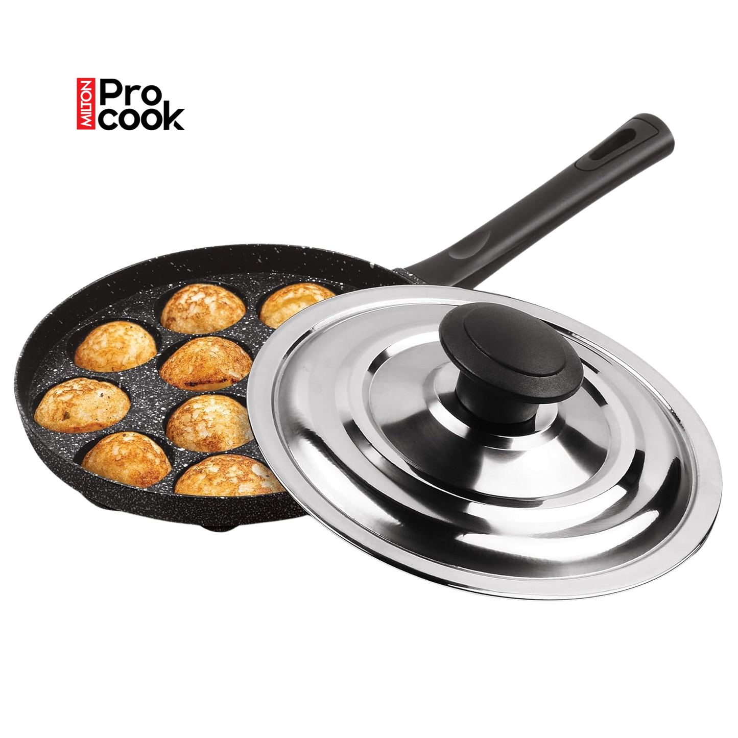 MILTON Pro cook Granito Appam Patra Cookware 12 Cavities, Non-Stick Paniyaram Pan with Stainless Steel Lid, Appe Maker, Black
