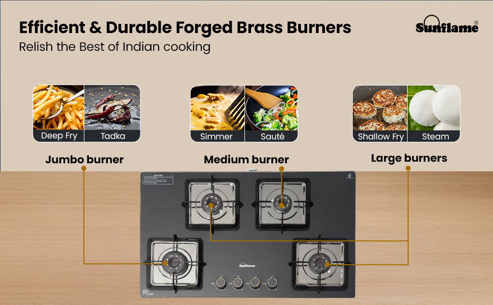 SUNFLAME 4 Burner Ultra-Slim Open Countertop Hob 80 Cm Wide | Italian SABAF Valve | 5-Year Glasstop, Burners & Valve Coverage