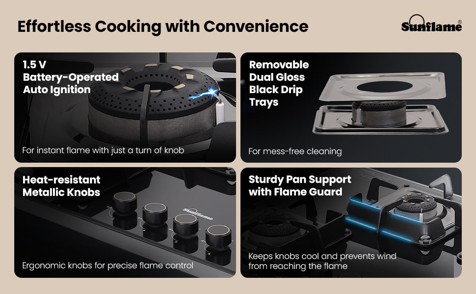 SUNFLAME 4 Burner Ultra-Slim Open Countertop Hob 80 Cm Wide | Italian SABAF Valve | 5-Year Glasstop, Burners & Valve Coverage