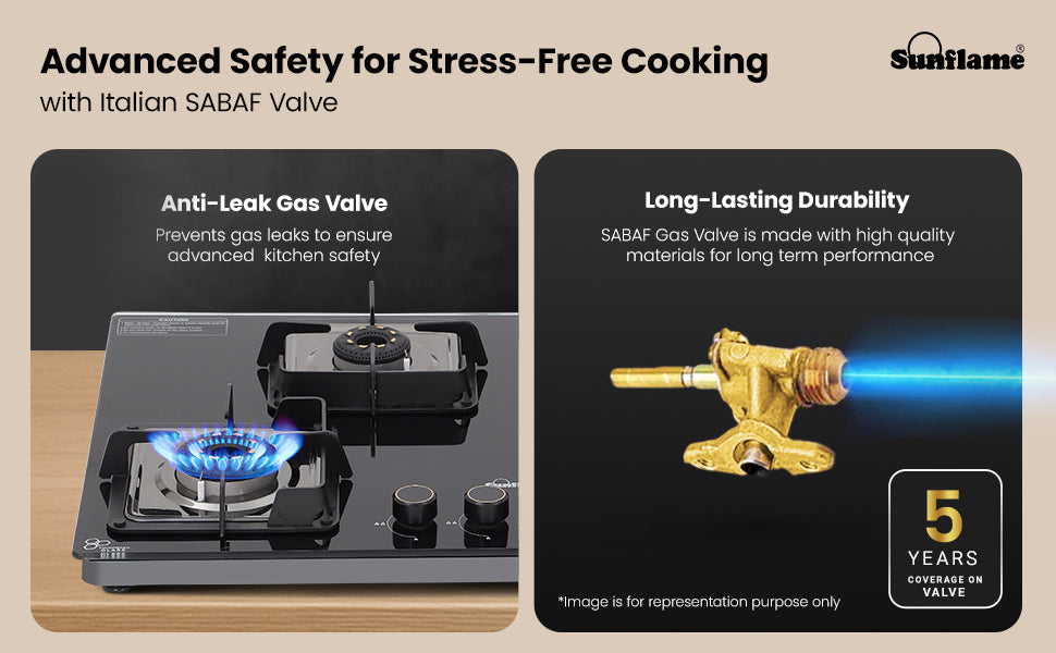 SUNFLAME 4 Burner Ultra-Slim Open Countertop Hob 80 Cm Wide | Italian SABAF Valve | 5-Year Glasstop, Burners & Valve Coverage