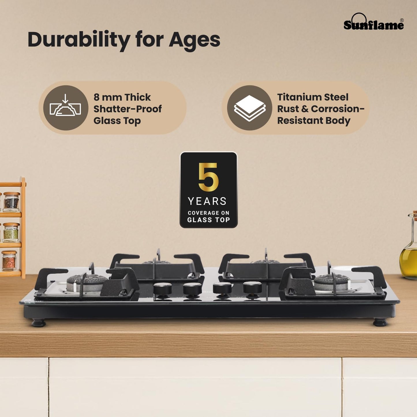 SUNFLAME 4 Burner Ultra-Slim Open Countertop Hob 80 Cm Wide | Italian SABAF Valve | 5-Year Glasstop, Burners & Valve Coverage