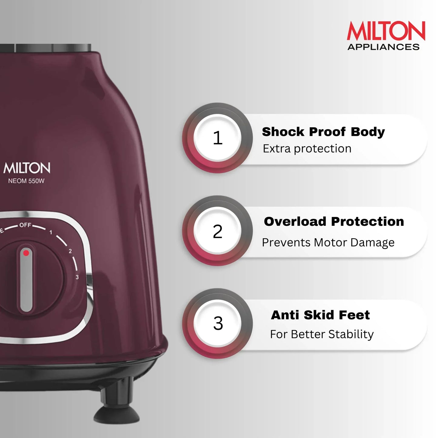 MILTON Neom Mixer Grinder | 550 Watt | 3 Jar