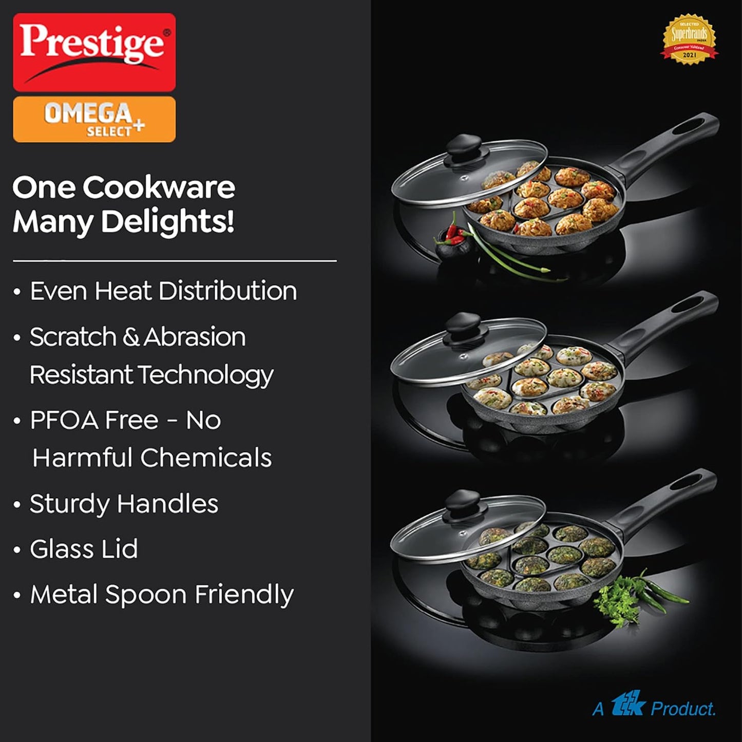 PRESTIGE Nonstick Omega Select Plus Paniyarakkal 20 cm | Appe Pan | with Glass Lid | 12 Pits