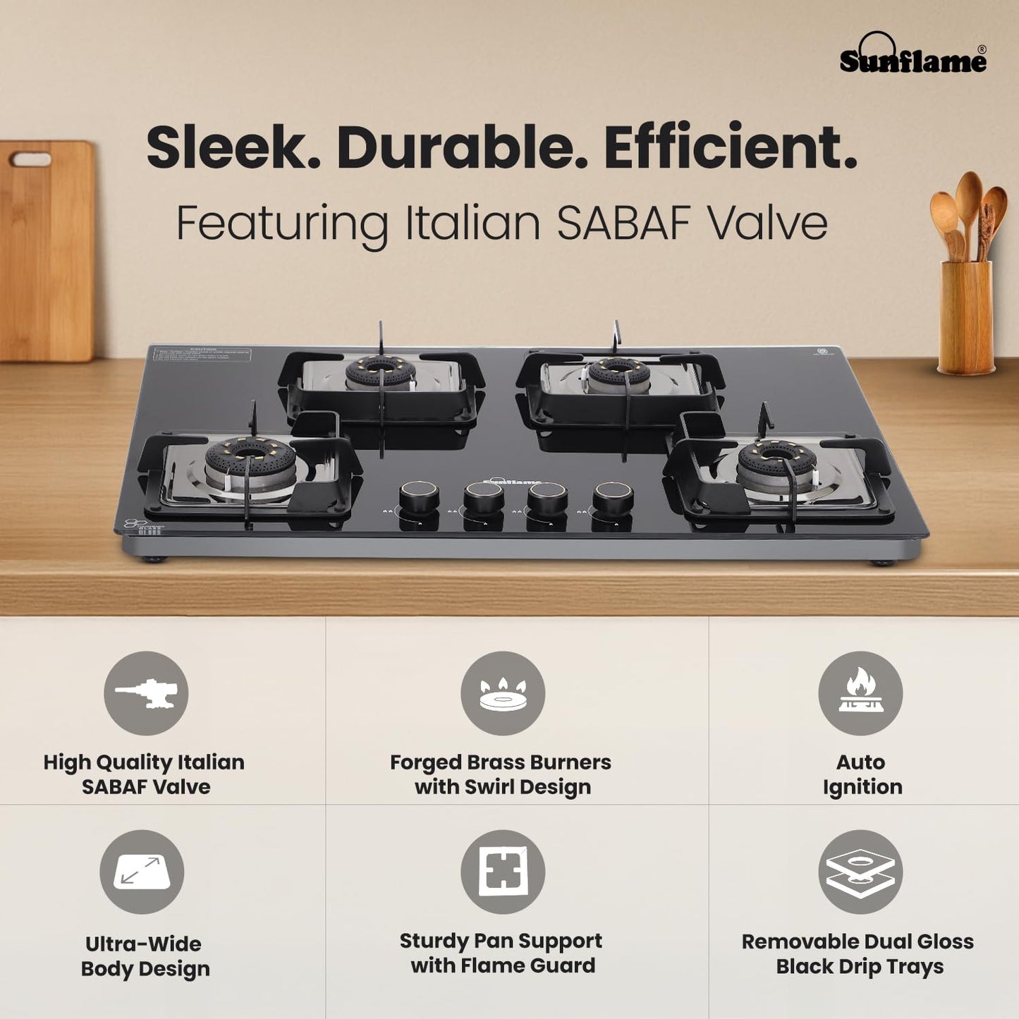 SUNFLAME 4 Burner Ultra-Slim Open Countertop Hob 80 Cm Wide | Italian SABAF Valve | 5-Year Glasstop, Burners & Valve Coverage