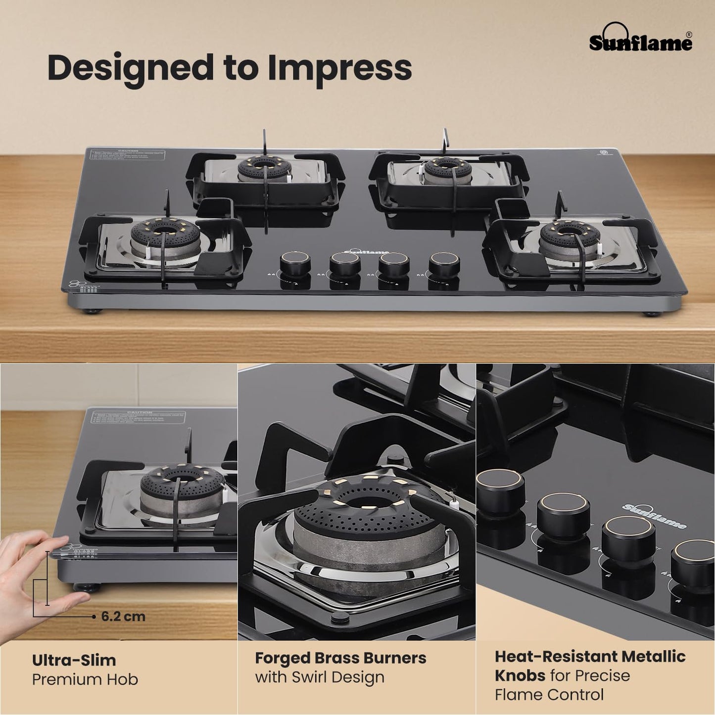 SUNFLAME 4 Burner Ultra-Slim Open Countertop Hob 80 Cm Wide | Italian SABAF Valve | 5-Year Glasstop, Burners & Valve Coverage