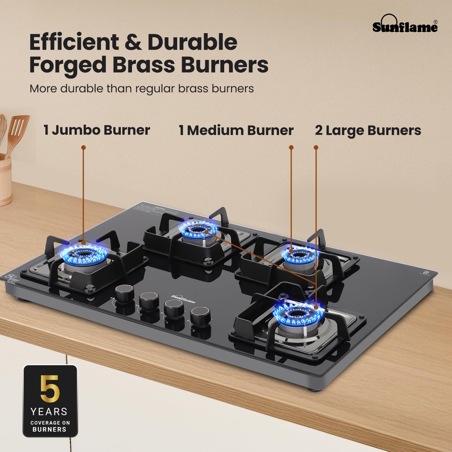 SUNFLAME 4 Burner Ultra-Slim Open Countertop Hob 80 Cm Wide | Italian SABAF Valve | 5-Year Glasstop, Burners & Valve Coverage