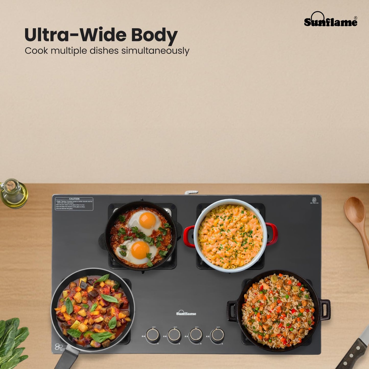 SUNFLAME 4 Burner Ultra-Slim Open Countertop Hob 80 Cm Wide | Italian SABAF Valve | 5-Year Glasstop, Burners & Valve Coverage