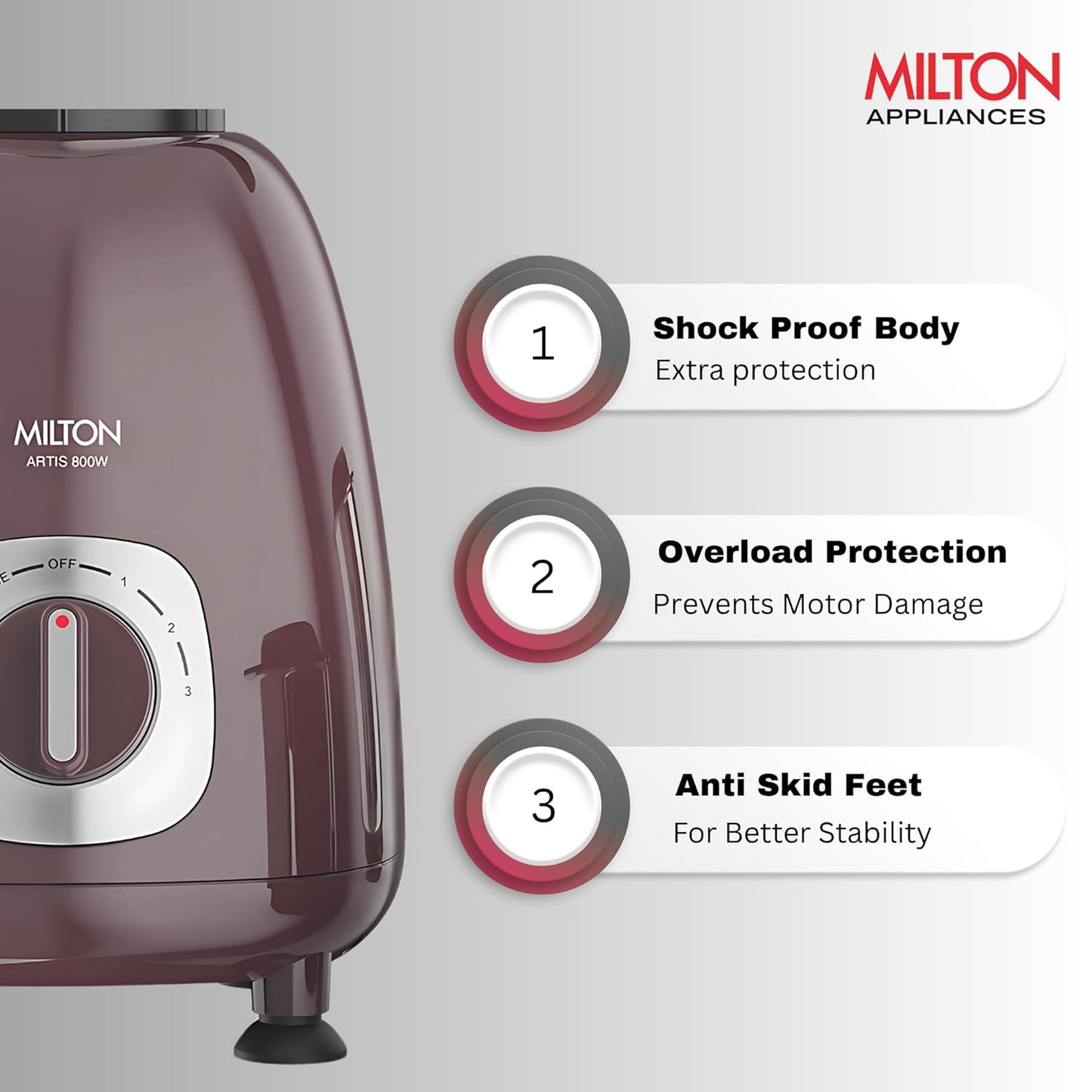 MILTON Artis Mixer Grinder | 800 Watt | Wine Brown Color