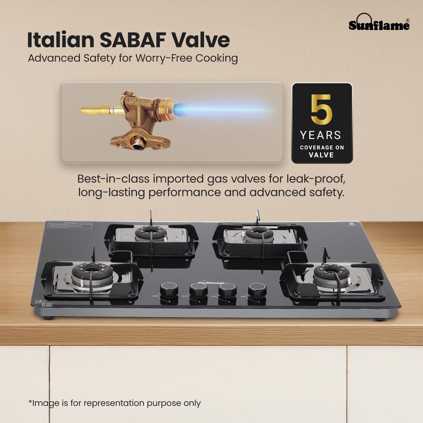 SUNFLAME 4 Burner Ultra-Slim Open Countertop Hob 80 Cm Wide | Italian SABAF Valve | 5-Year Glasstop, Burners & Valve Coverage