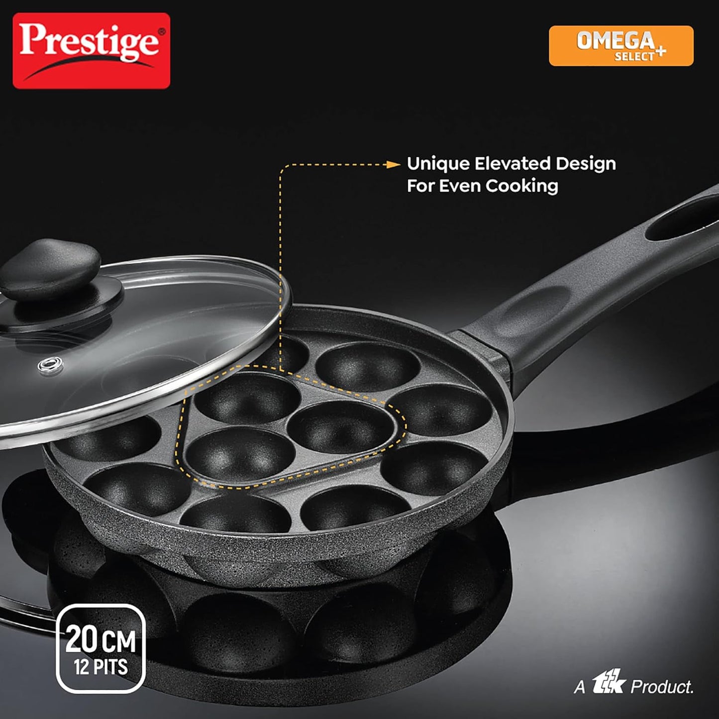 PRESTIGE Nonstick Omega Select Plus Paniyarakkal 20 cm | Appe Pan | with Glass Lid | 12 Pits
