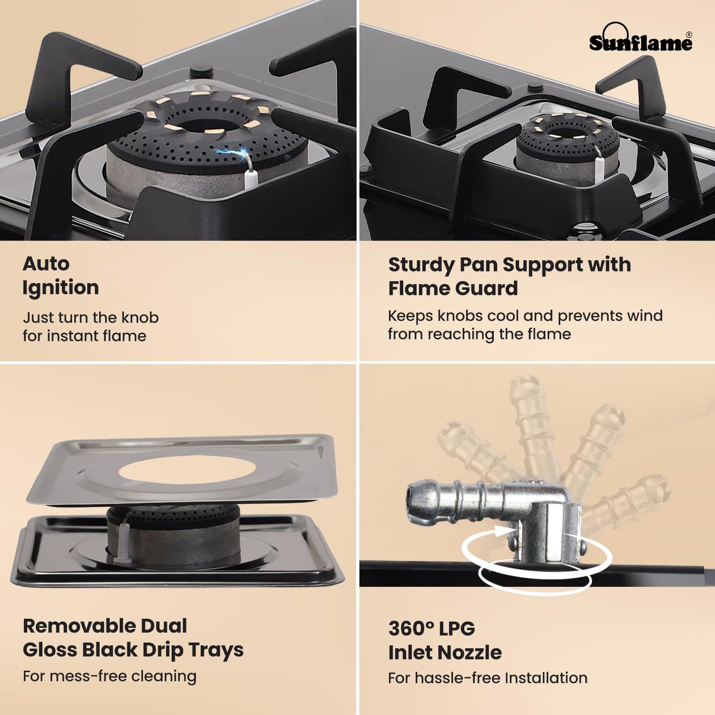 SUNFLAME 4 Burner Ultra-Slim Open Countertop Hob 80 Cm Wide | Italian SABAF Valve | 5-Year Glasstop, Burners & Valve Coverage