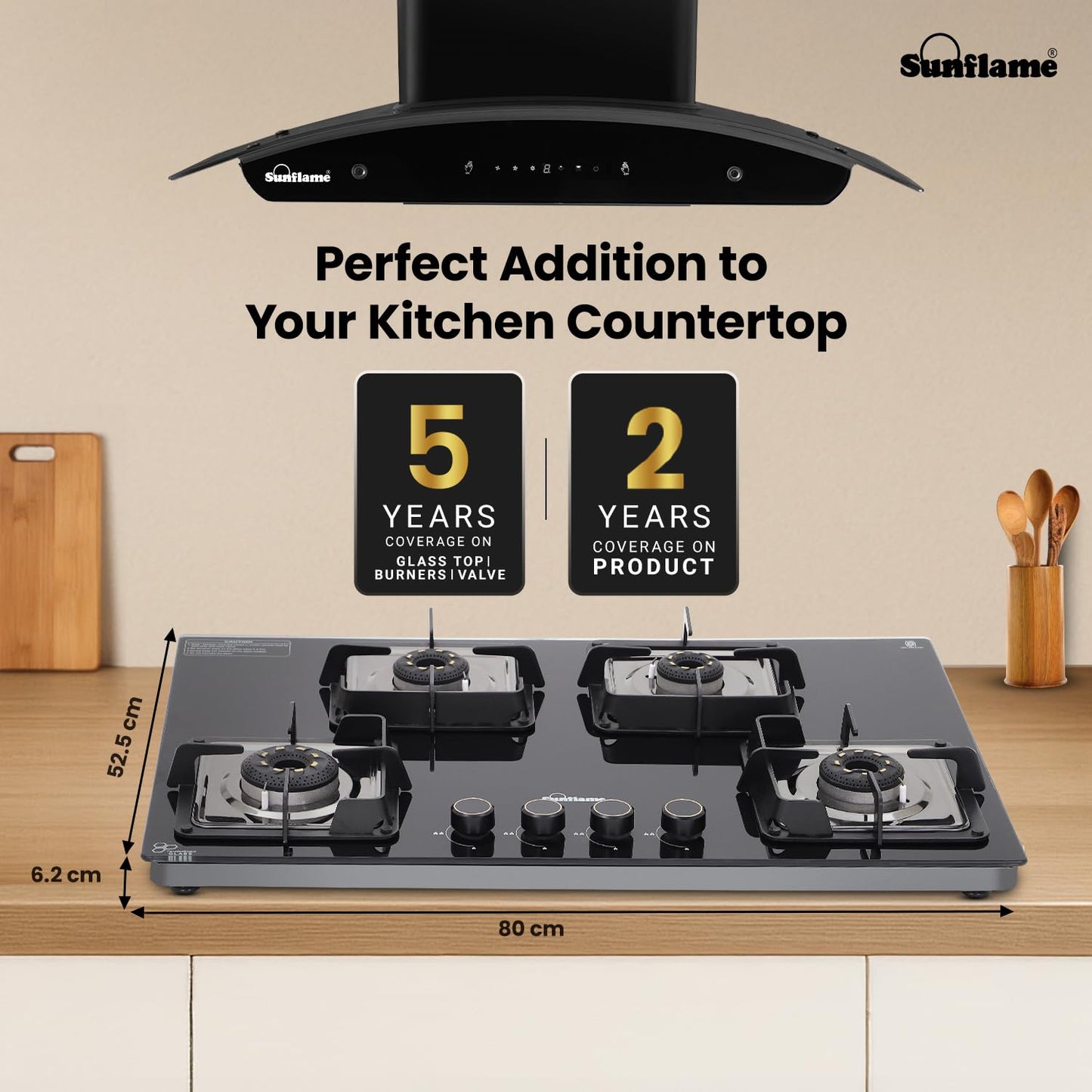 SUNFLAME 4 Burner Ultra-Slim Open Countertop Hob 80 Cm Wide | Italian SABAF Valve | 5-Year Glasstop, Burners & Valve Coverage