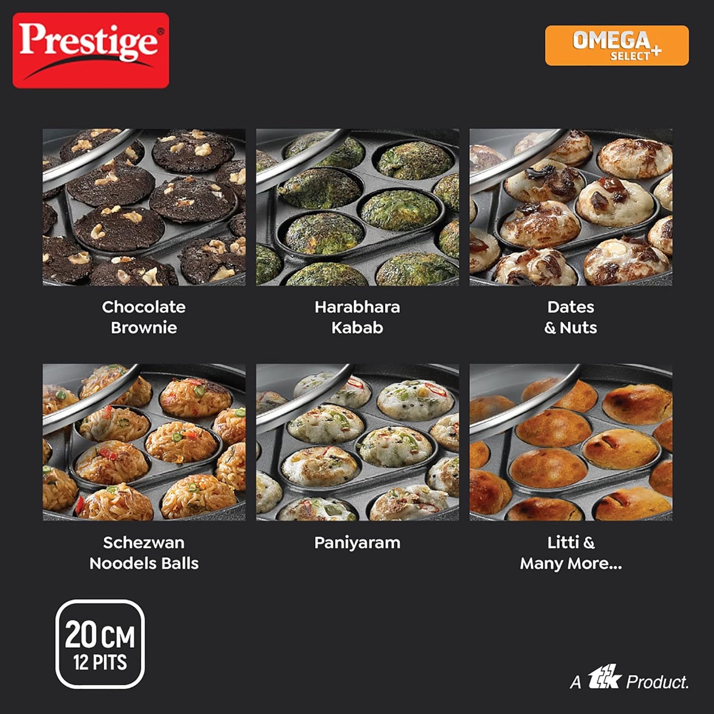 PRESTIGE Nonstick Omega Select Plus Paniyarakkal 20 cm | Appe Pan | with Glass Lid | 12 Pits