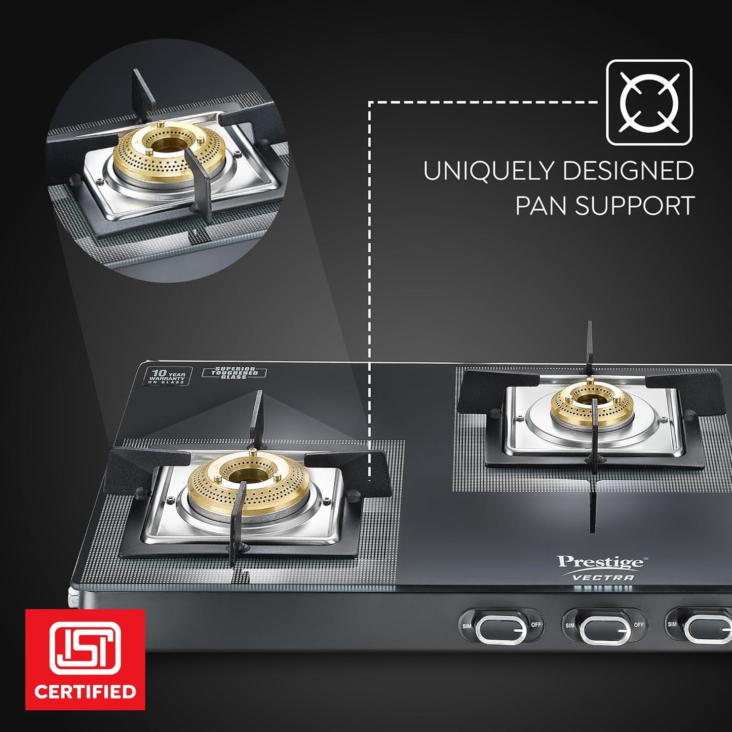 Prestige Vectra 3 Burner Glasstop Gas Stove | Toughened Glass | Jumbo Brass Burner | 3-Way Gas Inlet | 360 Degree Revolving Nozzle