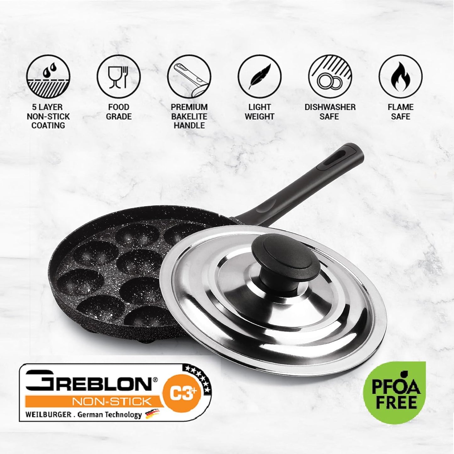 MILTON Pro cook Granito Appam Patra Cookware 12 Cavities, Non-Stick Paniyaram Pan with Stainless Steel Lid, Appe Maker, Black