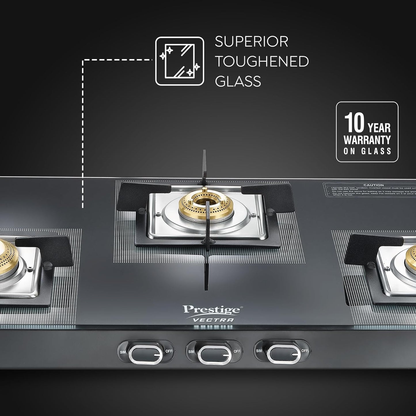 Prestige Vectra 3 Burner Glasstop Gas Stove | Toughened Glass | Jumbo Brass Burner | 3-Way Gas Inlet | 360 Degree Revolving Nozzle