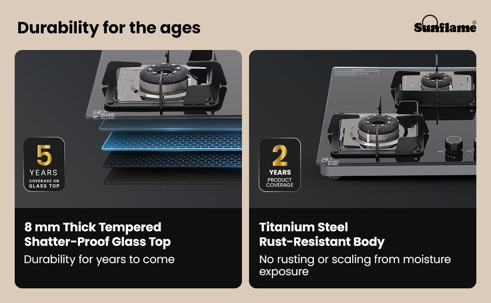 SUNFLAME 4 Burner Ultra-Slim Open Countertop Hob 80 Cm Wide | Italian SABAF Valve | 5-Year Glasstop, Burners & Valve Coverage