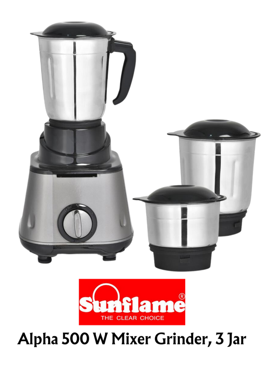 Sunflame Alpha 500 Watt 3 Jar Mixer Grinder - Premium Mixer Grinder from Sunflame - Just Rs. 2390! Shop now at Surana Sons