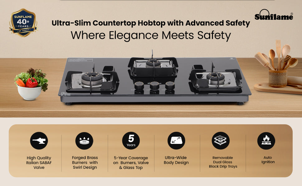 SUNFLAME 3 Burner Ultra-Slim Countertop Hob 80 cm Wide | Italian SABAF Valve | Auto Ignition