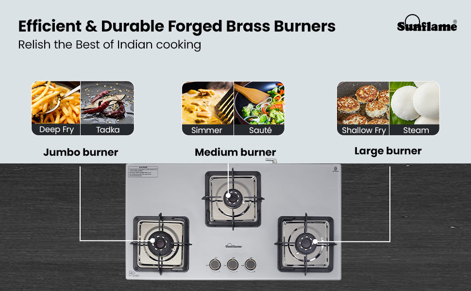 SUNFLAME 3 Burner Ultra-Slim Countertop Hob 80 cm Wide | Italian SABAF Valve | Auto Ignition
