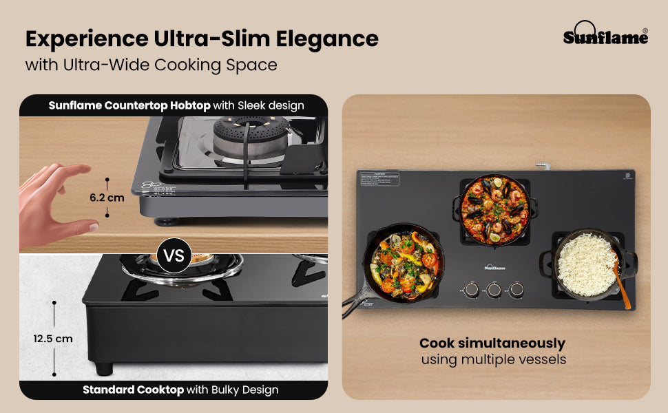 SUNFLAME 3 Burner Ultra-Slim Countertop Hob 80 cm Wide | Italian SABAF Valve | Auto Ignition