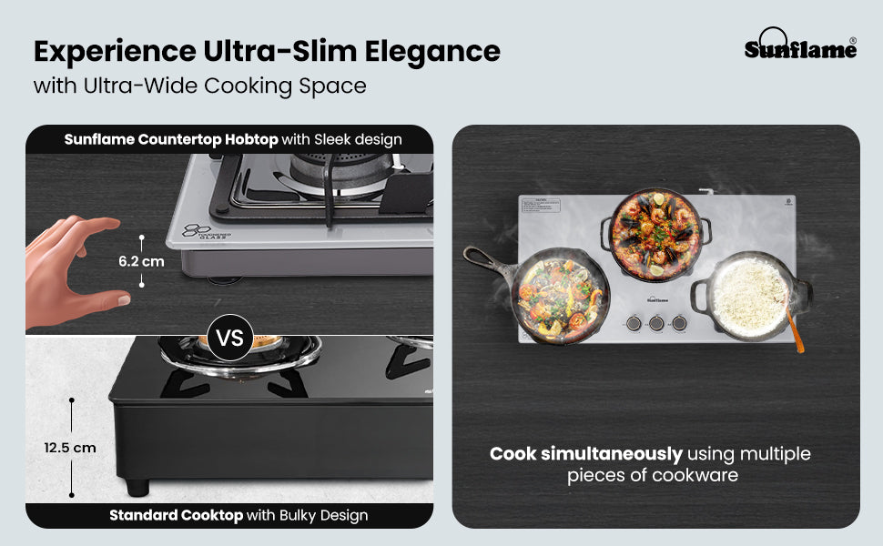 SUNFLAME 3 Burner Ultra-Slim Countertop Hob 80 cm Wide | Italian SABAF Valve | Auto Ignition