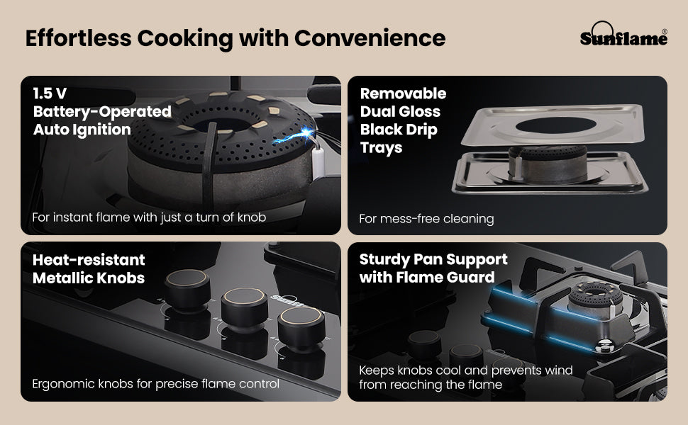 SUNFLAME 3 Burner Ultra-Slim Countertop Hob 80 cm Wide | Italian SABAF Valve | Auto Ignition