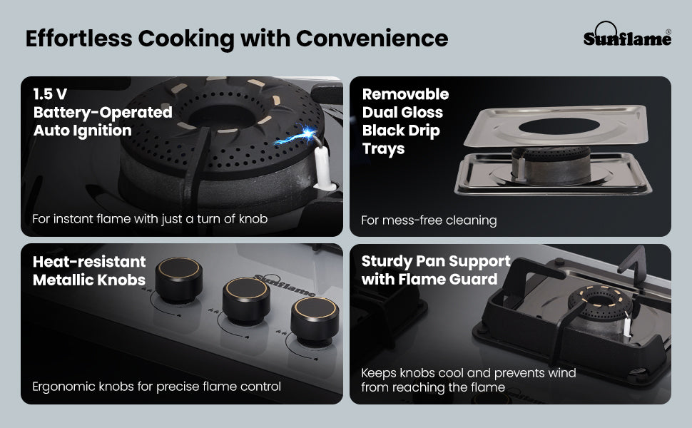 SUNFLAME 3 Burner Ultra-Slim Countertop Hob 80 cm Wide | Italian SABAF Valve | Auto Ignition