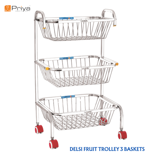 Priya Stainless Steel Premium Delsi Fruit Trolley, Small | Multipurpose | Square Pipes | Premium Mirror Polish - Premium Fruit Trolly from Priya - Just Rs. 2590! Shop now at Surana Sons