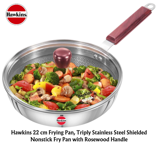 HAWKINS 22 cm Frying Pan, Triply Stainless Steel Shielded Nonstick with Rosewood Handle, Glass Lid - Premium SS Triply Frying Pan from Hawkins - Just Rs. 2205! Shop now at Surana Sons