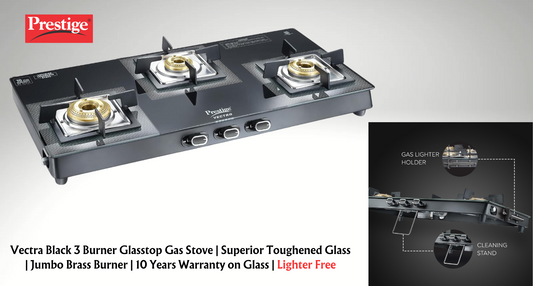 Prestige Vectra Black 3 Burner Glasstop Gas Stove | Superior Toughened Glass | Jumbo Brass Burner | 10 Years Warranty on Glass | Lighter Free